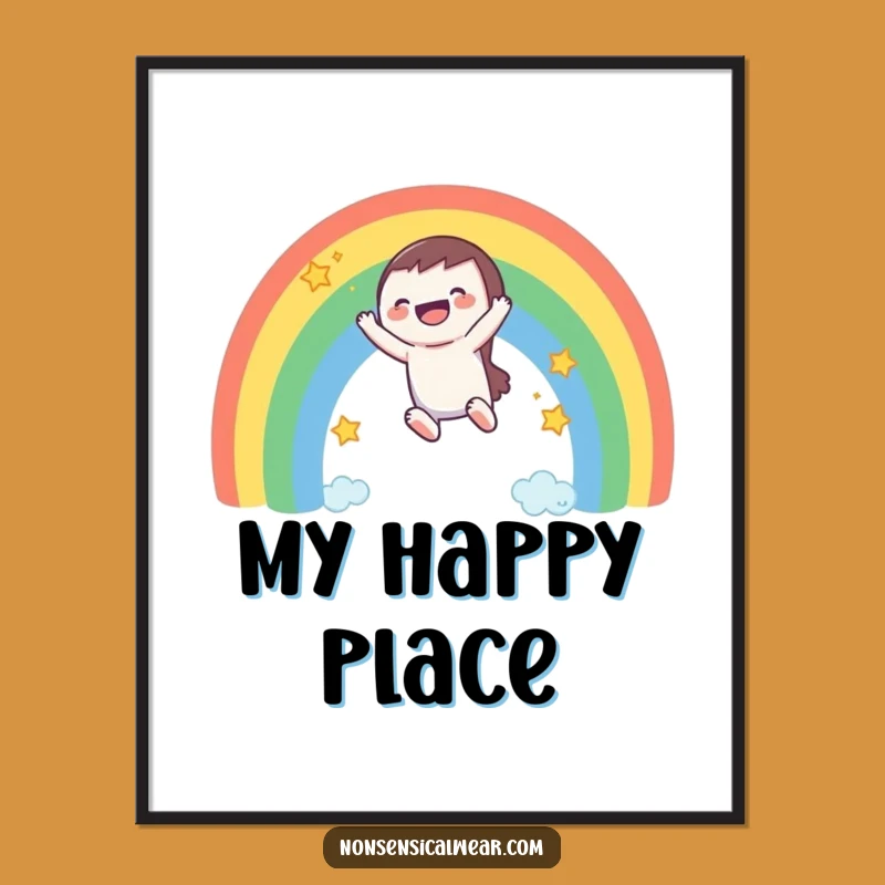 Vibrant Funny Rainbow Adventure Poster: A Laughing Character's Sky-High Delight!