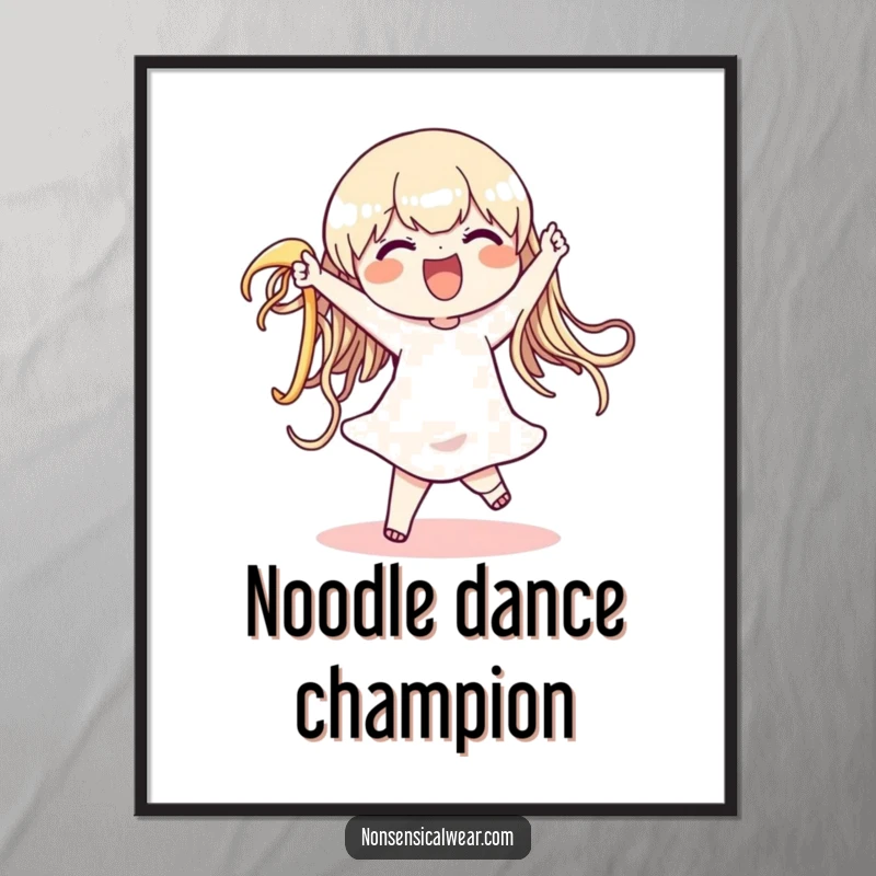 Funny poster displaying a happy character in a comical dance with an oversized, wiggling noodle, capturing a moment of pure, unadulterated joy.