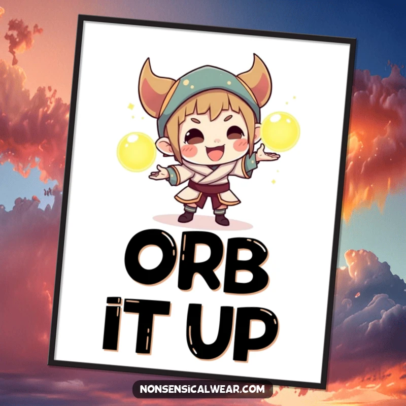 Funny poster art of a sly character juggling three bright, glowing orbs, creating a captivating and magical display.