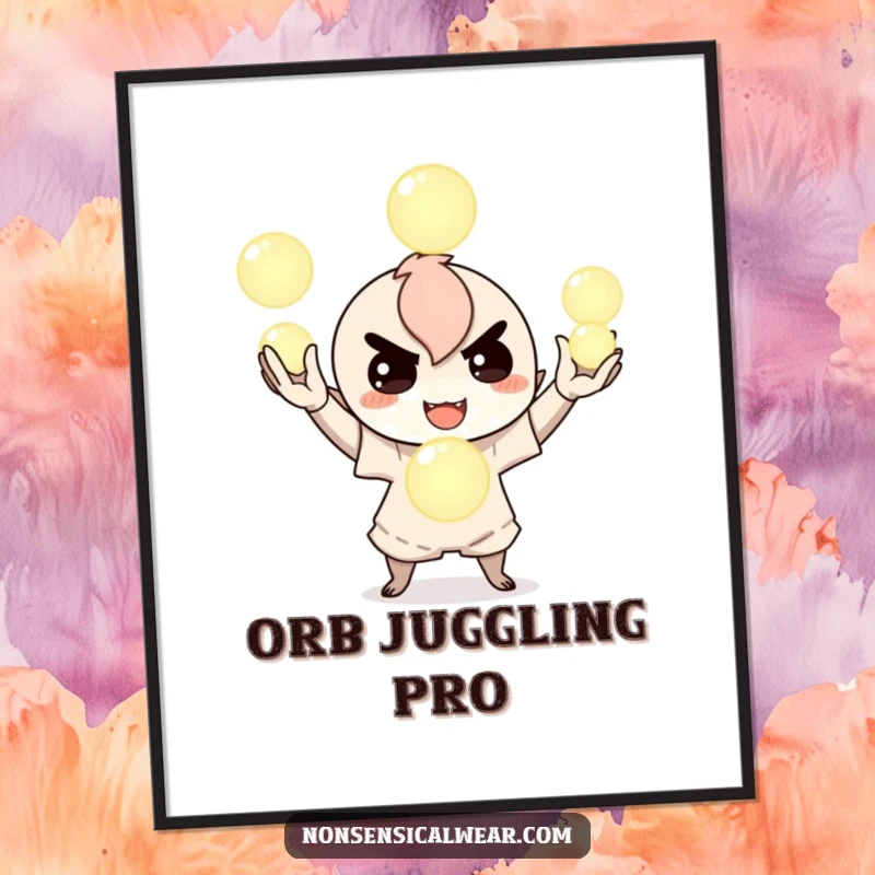 Funny poster illustration of a mischievous character with a sly grin, juggling three bright, glowing orbs, capturing a moment of playful magic and skill.