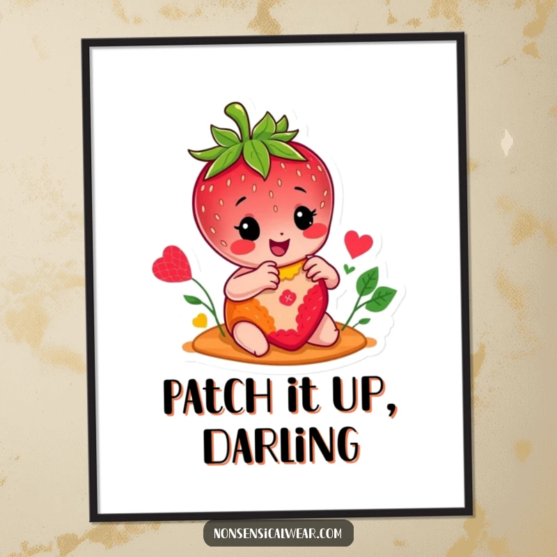 Funny poster illustrating a happy strawberry character focused on stitching a bright, colorful patch, adding cheerful wall decor.