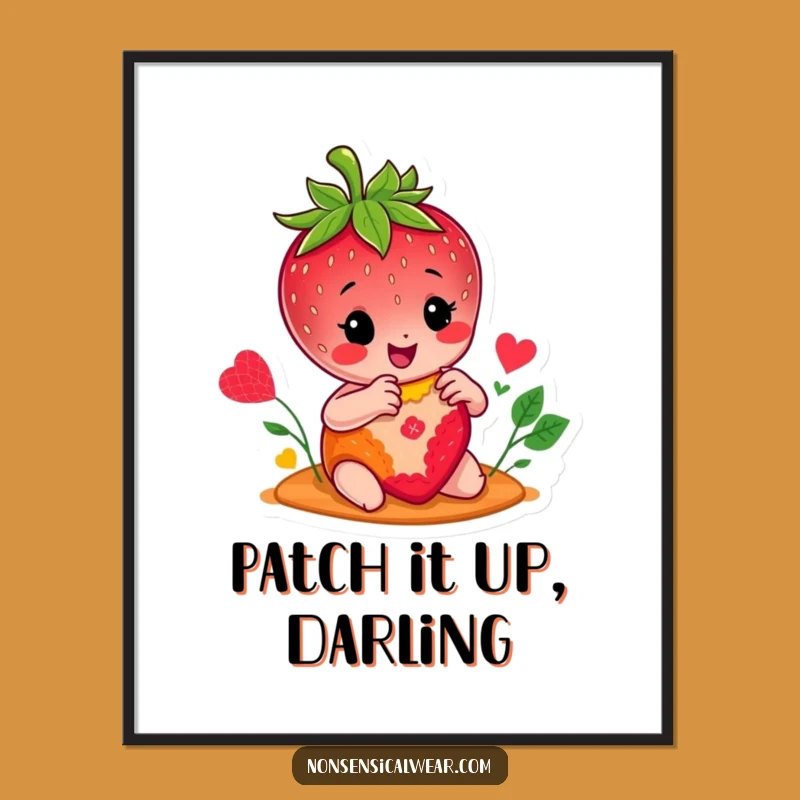 Funny Strawberry Stitcher Poster: Cheerful Character Sewing Art, Vibrant Humorous Wall Decor