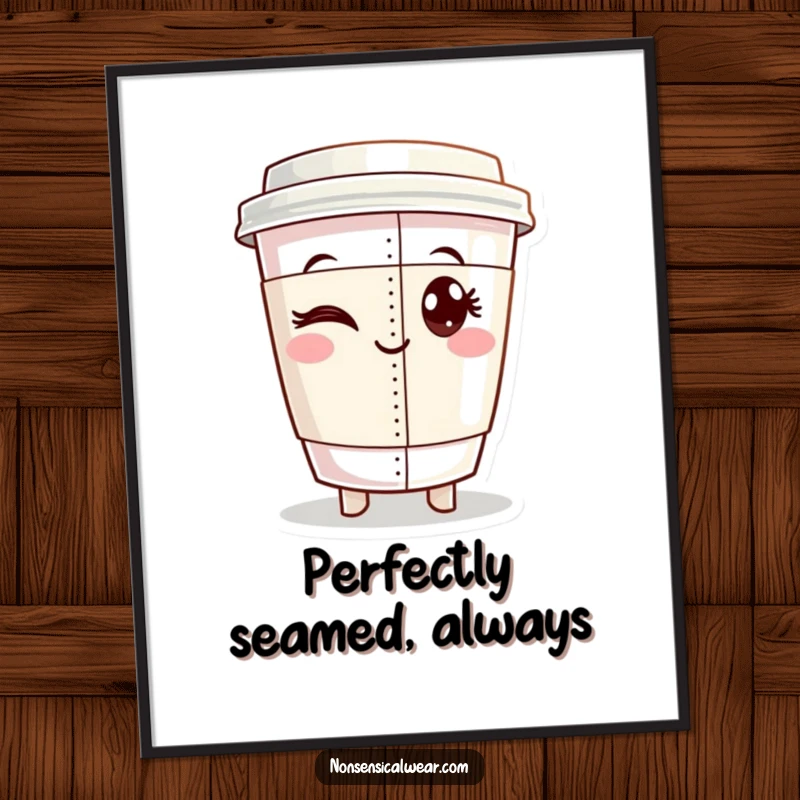 Funny poster illustration of a winking coffee cup character proudly showcasing a flawless sewn seam, perfect for sewing room art.
