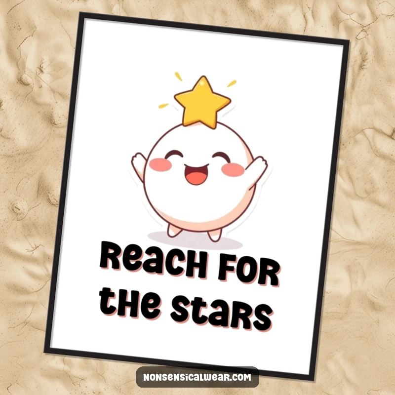 Funny Poster: A cheerful, round character joyfully bouncing a radiant star off its head, bringing celestial inspiration.