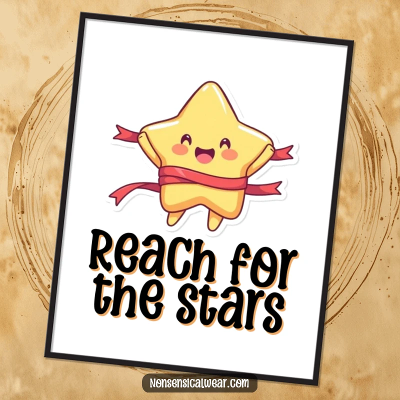 Funny poster art depicting a rounded star character joyfully jumping with a ribbon, conveying boundless energy and happiness.