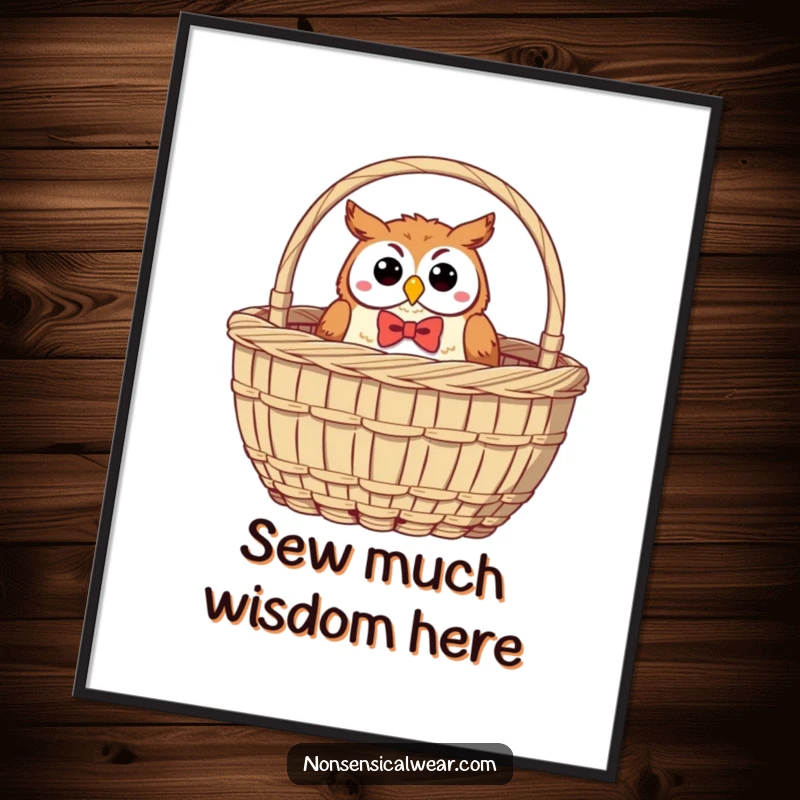 Funny Owl Poster: A whimsical owl in a bow tie peeks from a sewing basket, creating humorous wall art.