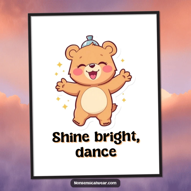 Funny poster art depicting a cheerful bear character gleefully dancing with a shimmering disco ball, capturing the essence of celebration.