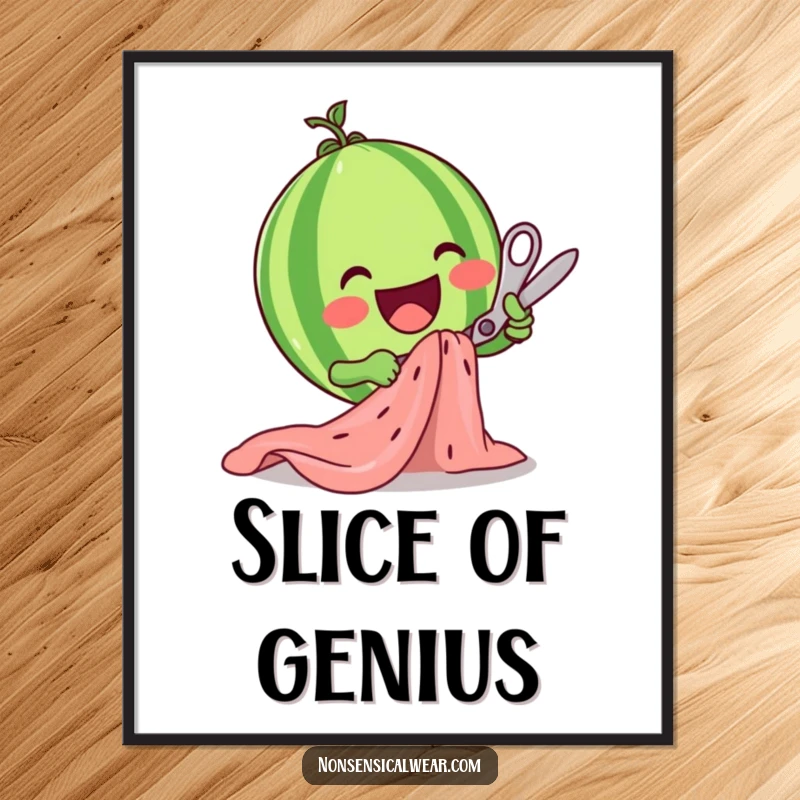 A delighted watermelon character energetically cutting fabric with scissors, creating a fun and artistic wall print.