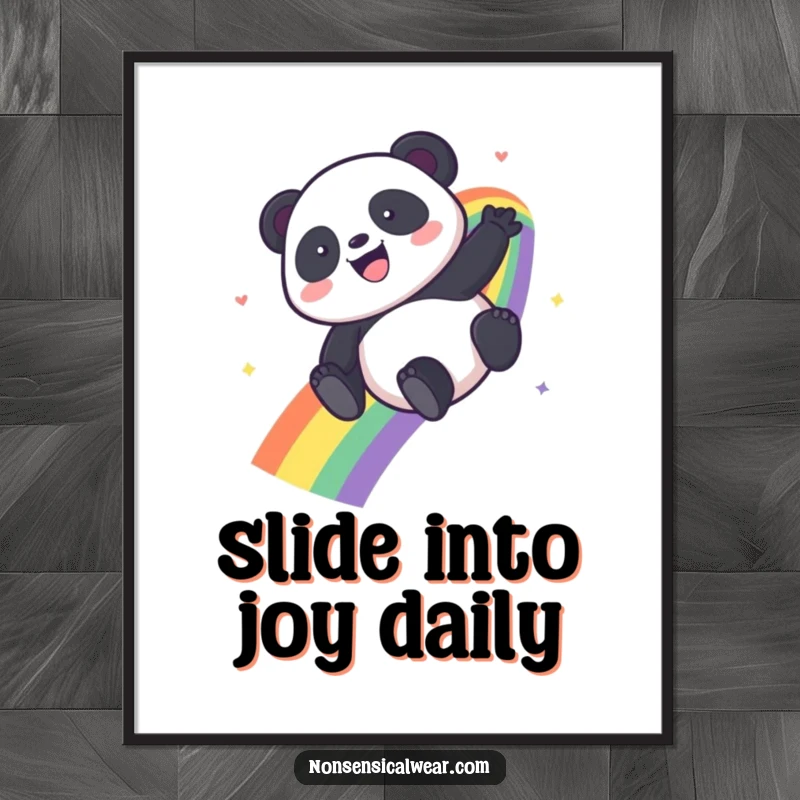 Funny Kawaii Panda poster capturing a panda's gleeful descent down a brilliant rainbow, a delightful piece of art.
