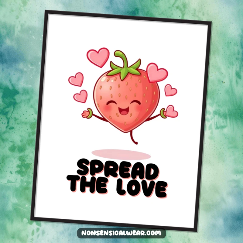 Funny cheerful strawberry character joyfully juggling hearts on a vibrant poster, a sweet and humorous wall art piece.