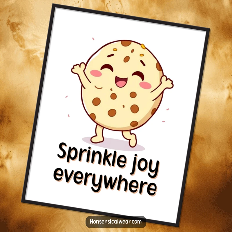 Funny delighted cookie character doing a happy dance with sprinkles, designed as vibrant wall art, a humorous decorative piece.