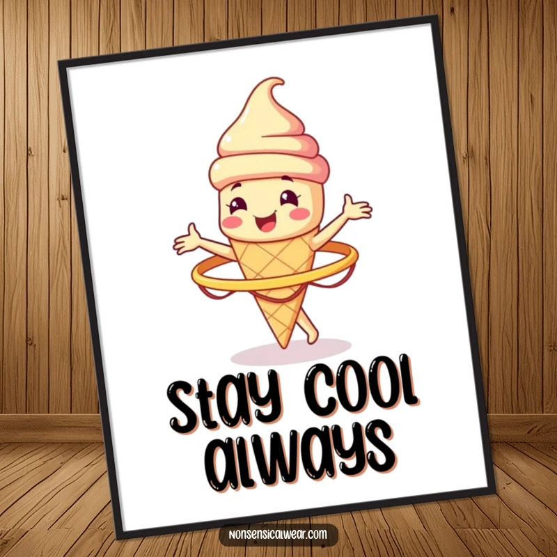 Funny smiling ice cream cone character spinning a hula hoop, designed as vibrant wall art, a humorous and cool decorative piece.