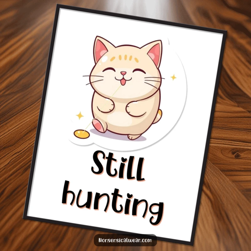 Funny poster print featuring a round, energetic cat captivated by a red laser pointer dot, creating a humorous and dynamic scene.