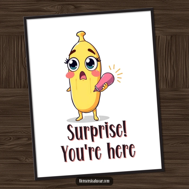 Funny surprised banana character with wide eyes holding a party popper, designed as vibrant wall art, a humorous decorative piece.