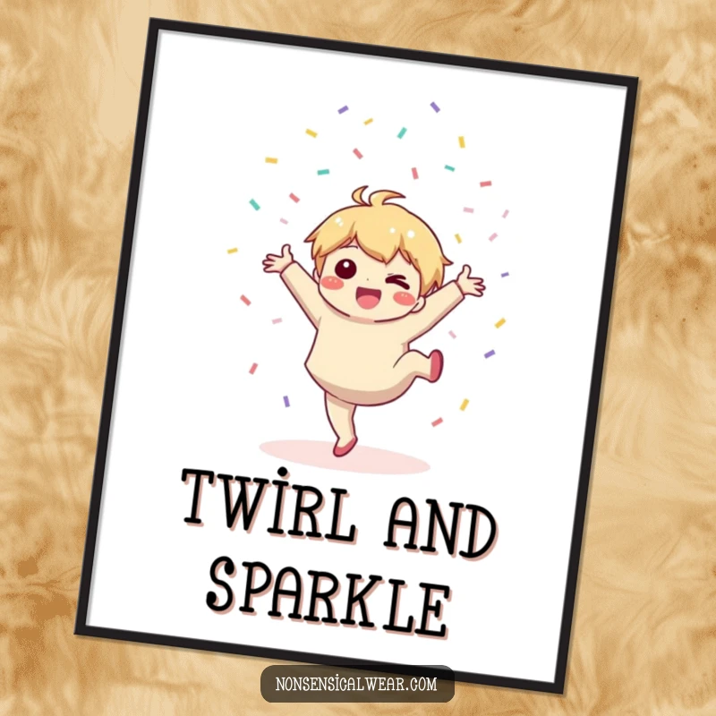 Funny poster: a cute kawaii character joyfully performs a cartwheel, scattering a shower of colorful confetti.