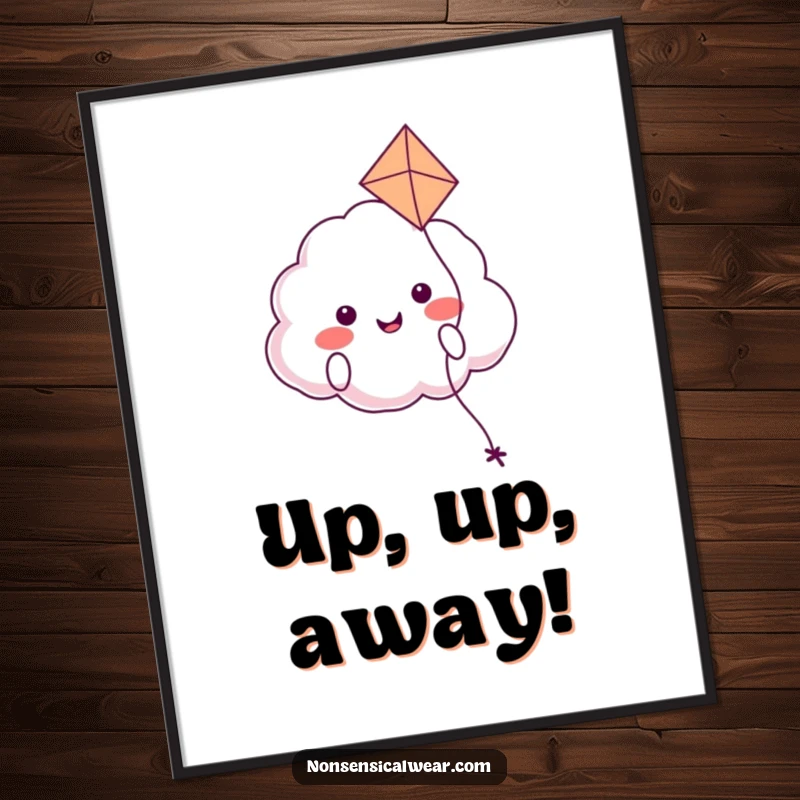 Funny poster art depicting a smiling cloud character happily floating in the sky, holding the string of a kite with contentment.