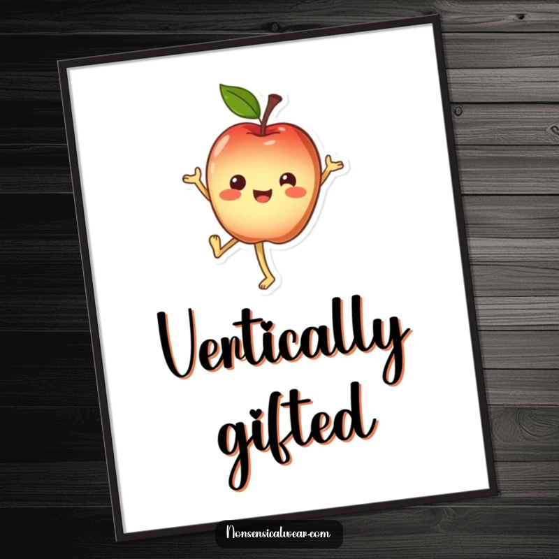 Funny Poster: Cheerful apple character doing a handstand with a smile, creating an inspiring art piece.