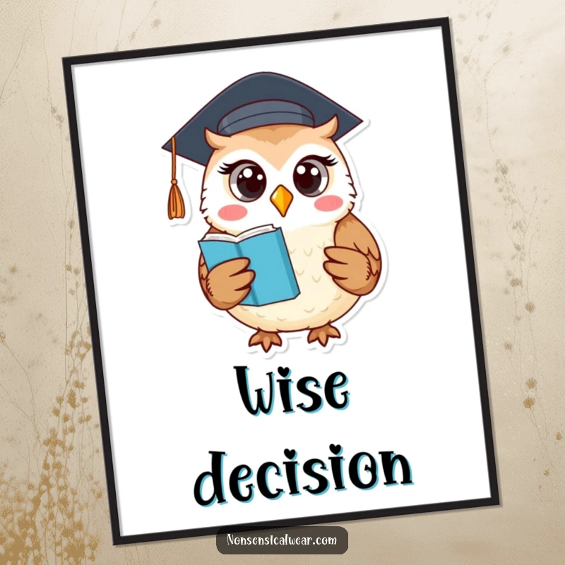 Funny poster featuring a round owl adorned with a graduation cap, book symbolizing academic success and humor.