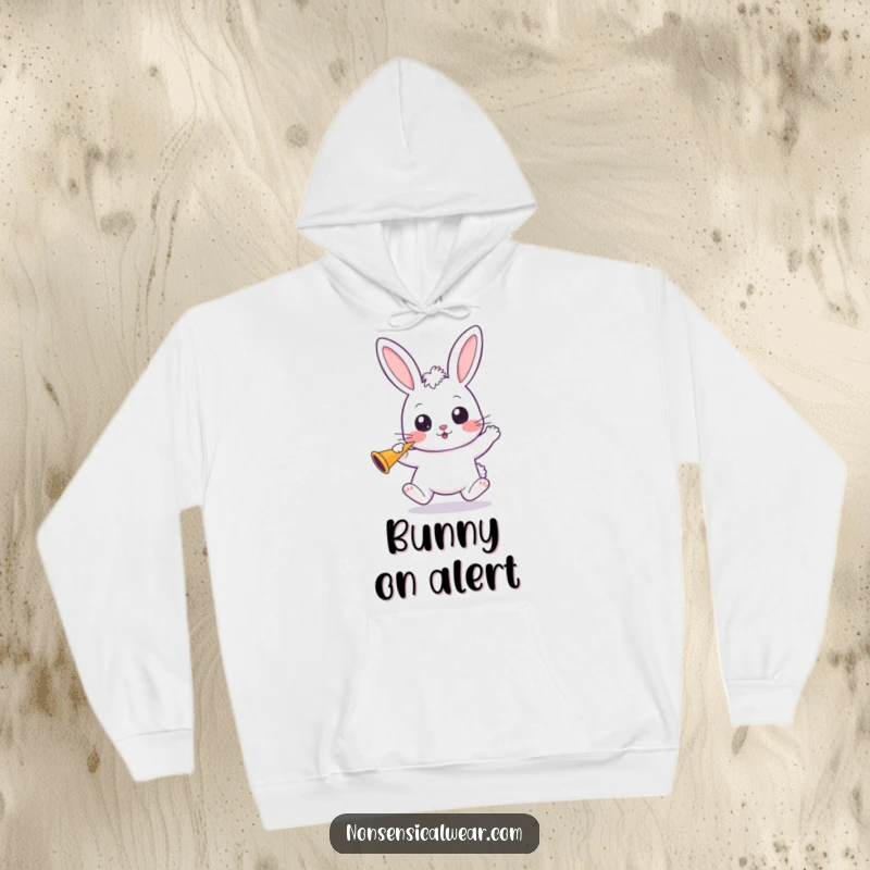 Funny Kawaii Bunny Hoodie: A cute kawaii bunny bounces with anticipation, holding a party horn, ready for fun.
