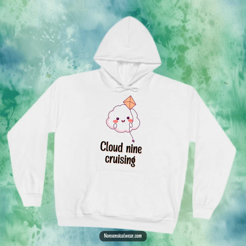 Funny hoodie design featuring a smiling, plump cloud character happily floating with a kite, embodying peaceful joy.