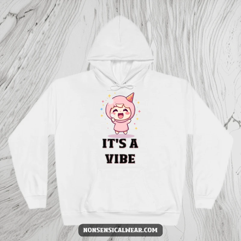 Funny hoodie showcasing a gleeful character enthusiastically firing a sparkling party popper, radiating pure celebratory energy and joy.