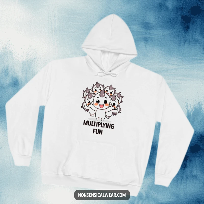 Funny hoodie featuring a happy character creating multiple bouncing duplicates, embodying boundless energy and cheerful multiplication.