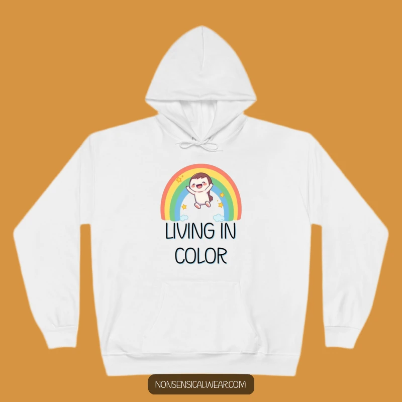 Cozy Funny Rainbow Slide Hoodie: A Laughing Character's Dreamy, Warm Adventure!