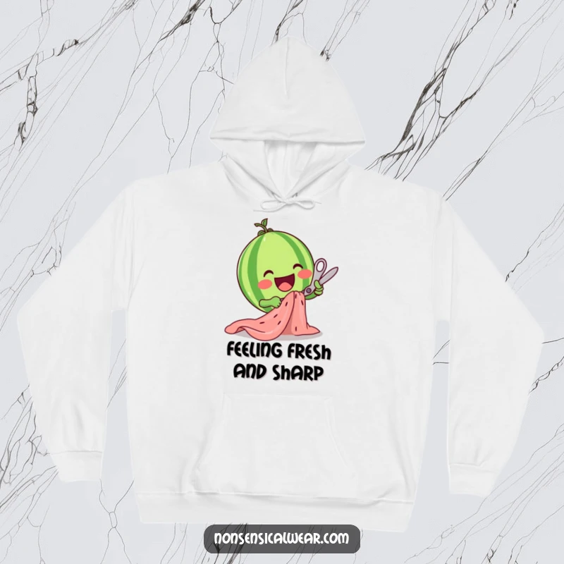 A delighted watermelon character enthusiastically cutting fabric with scissors, featured on a warm and comfortable hoodie.