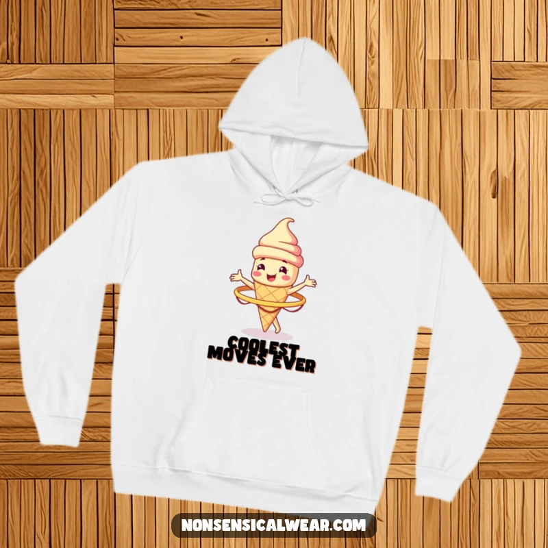 Funny smiling ice cream cone character spinning a hula hoop on a soft hoodie, for cozy humor and cool vibes.