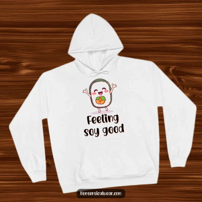 Funny hoodie showcasing a delighted sushi roll character doing a joyful dance, perfect for staying warm and stylish.