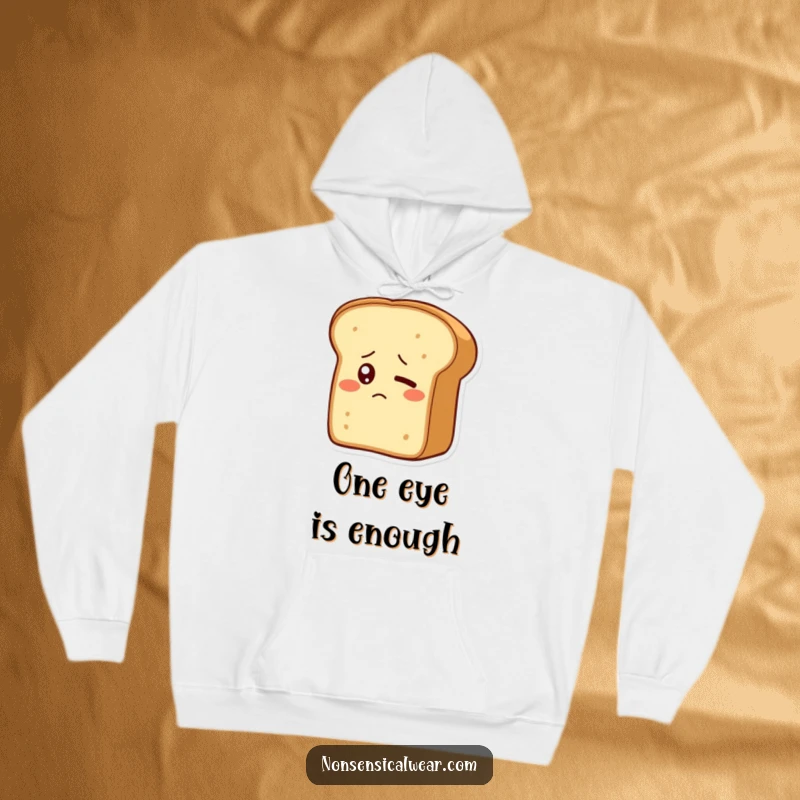 Funny hoodie featuring a bewildered bread loaf with one shyly blinking eye, offering a warm and humorous feel.