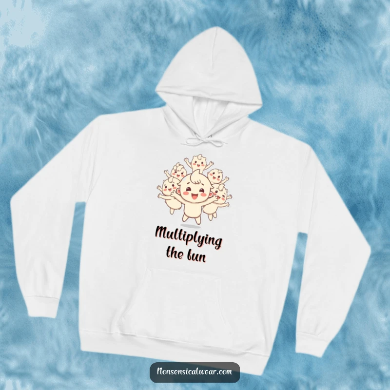 Funny hoodie featuring a happy character energetically splitting into several bouncing duplicates, perfect for staying warm and channeling positive, multiplied vibes.
