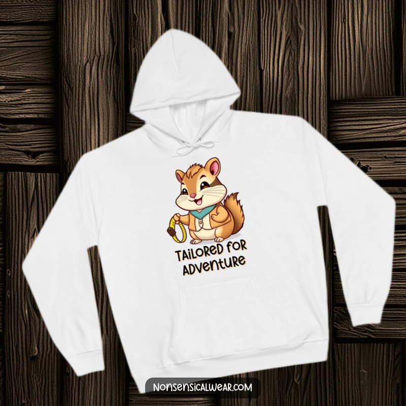 Funny Chipmunk Hoodie: A happy chipmunk wearing a vest holds a tiny measuring tape, offering warmth and readiness.