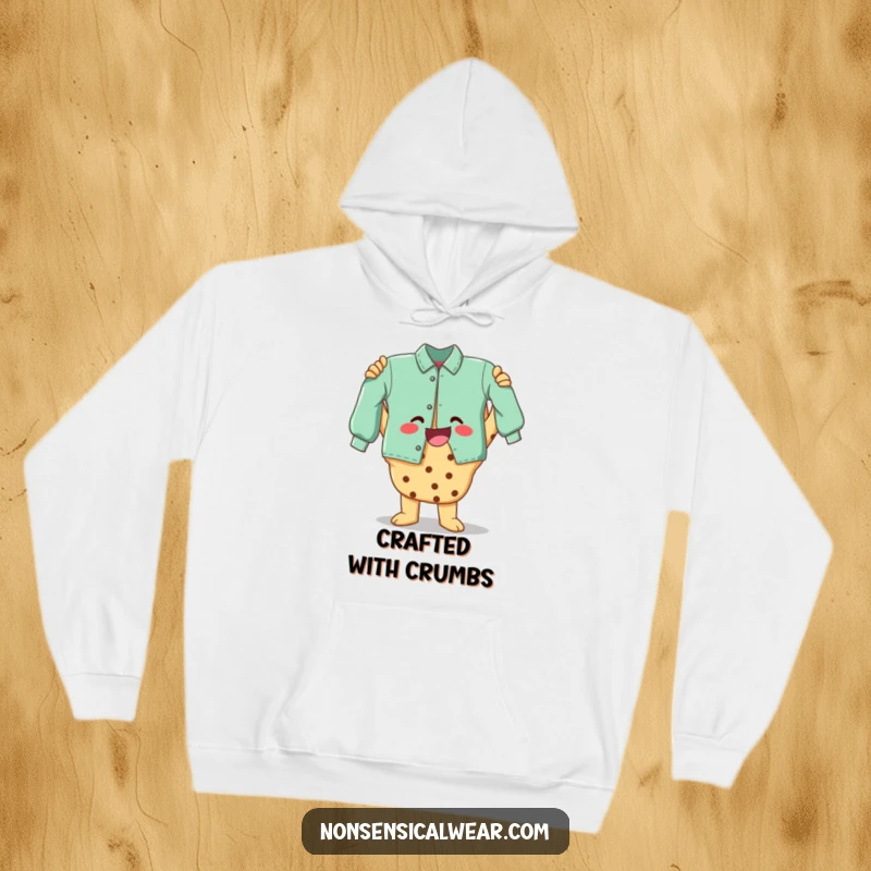 Funny hoodie featuring a delighted cookie character showcasing a completed handmade item, celebrating the warmth of crafting.