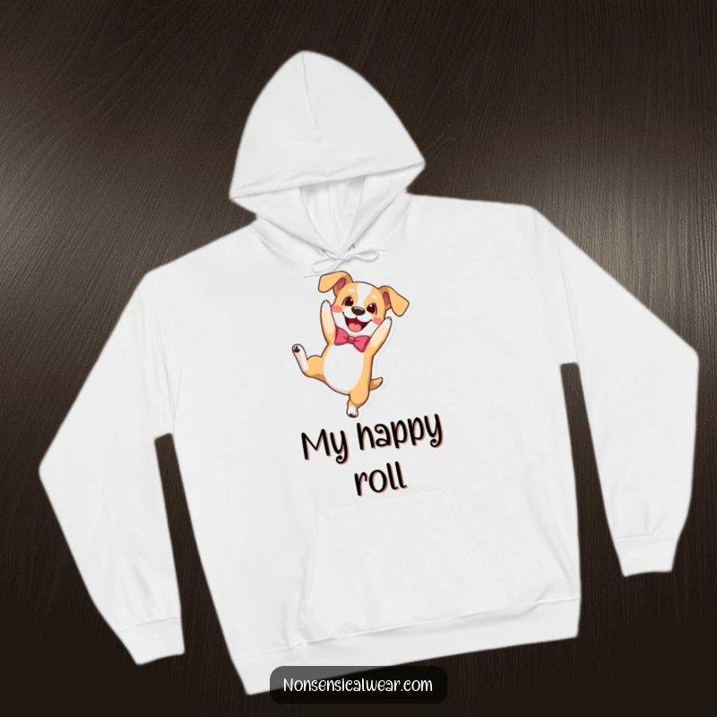 Funny hoodie depicting a happy dog wearing a bowtie, executing a playful somersault with joyful abandon.