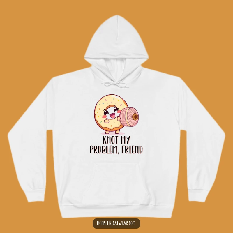 Funny Donut Threader Hoodie: Cozy Warmth with a Giggling Character and Yarn, Humorous Gift