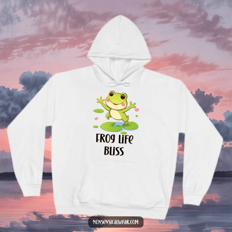Funny hoodie depicting a smiling frog character leaping energetically on lily pads, ready for pond adventures.