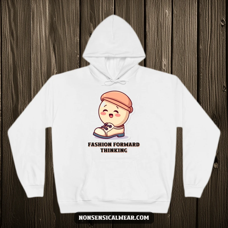 Funny hoodie with a giggling button character sporting a tiny hat as shoes, capturing a moment of pure, comical confusion.