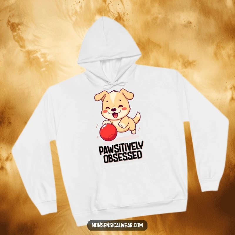 Funny Kawaii Dog Hoodie: A cute kawaii dog is captured mid-chase, excitedly pursuing a bouncing red ball.