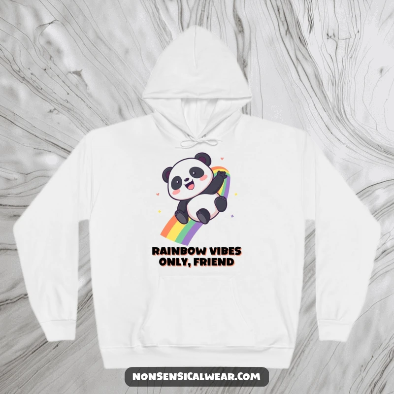 Funny Kawaii Panda hoodie featuring a panda gleefully descending a colorful rainbow, exuding pure happiness and fun.