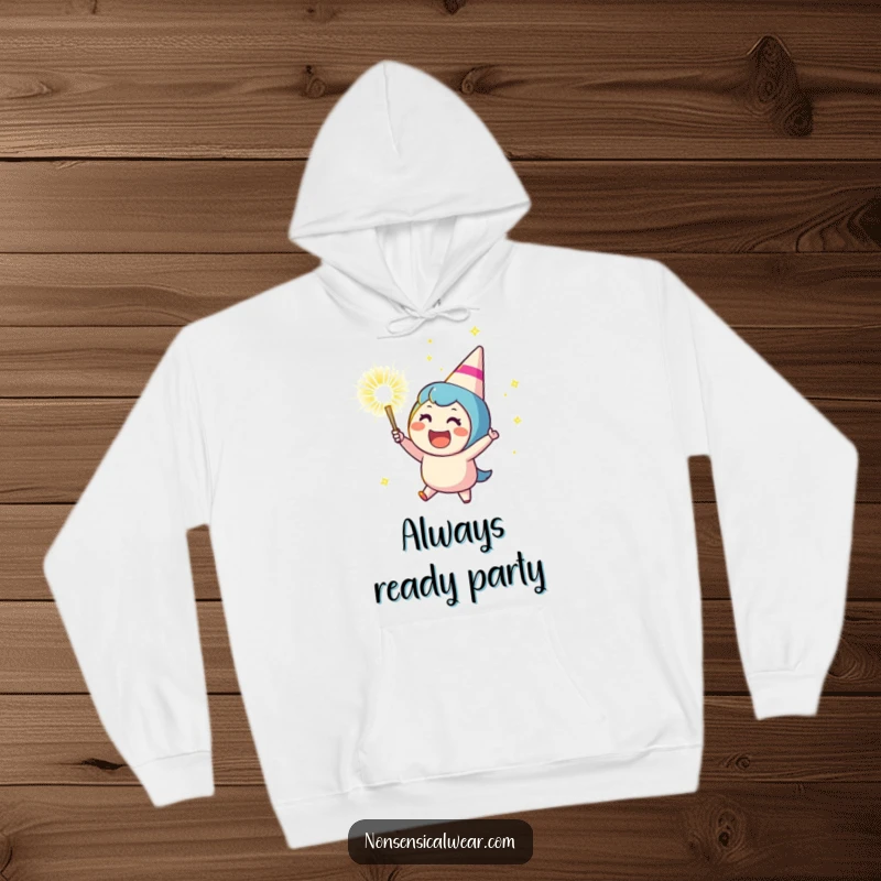 Funny hoodie depicting a cheering character gleefully launching a sparkling party popper, perfect for staying warm and spreading festive cheer and excitement.