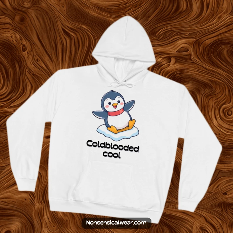 Funny hoodie depicting a cheerful penguin character gleefully sliding down a smooth icy slope in a winter wonderland.