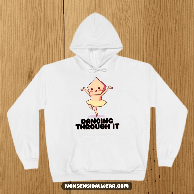 Funny hoodie featuring a vibrant pentagon character performing a graceful pirouette with a flourish, blending comfort and elegance.