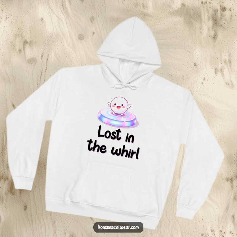 Funny Hoodie: A playful, spherical character gleefully spinning on a vibrant, iridescent platform, perfect for cozy fun.