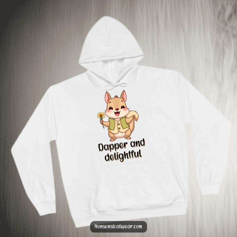 Funny squirrel wearing a vest holding a flower, featured on a cozy hoodie for humorous warmth.