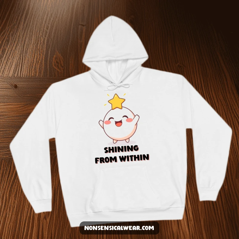 Funny Hoodie: A cheerful, round character joyfully bouncing a radiant star off its head, cozy and full of wonder.