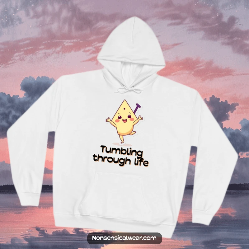 Funny hoodie showcasing a joyful triangular character happily performing a cartwheel, designed for comfort and playful movement.