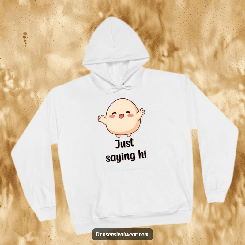 Funny Hoodie: A cute blob character enthusiastically waving with tiny, stubby arms, cozy and welcoming.