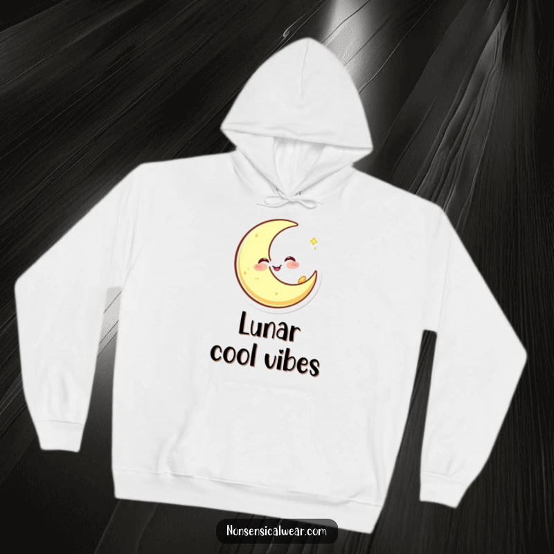 Funny hoodie design featuring a happy crescent moon character winking and spinning, embodying nocturnal magic and playful charm.