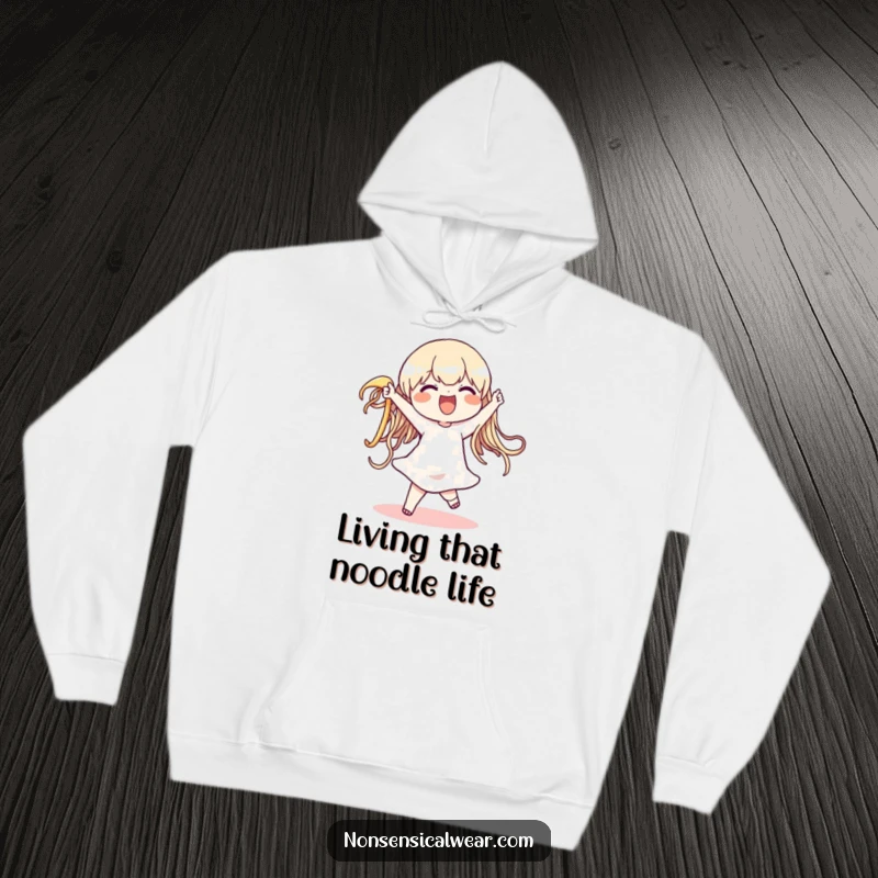 Funny hoodie featuring a delighted character performing a silly dance with an enormous, wiggling noodle, embodying pure food-fueled happiness, a cool present.